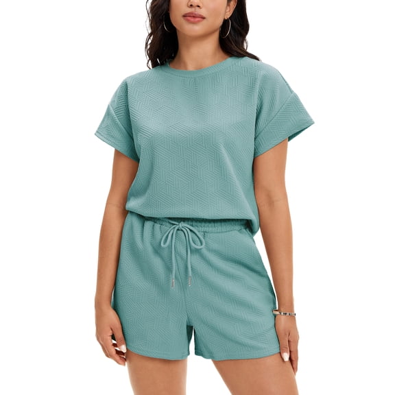 ATHLECHIC Women's Summer 2 Piece Short Sleeve Tops Shorts Pants Lounge Sets L Green