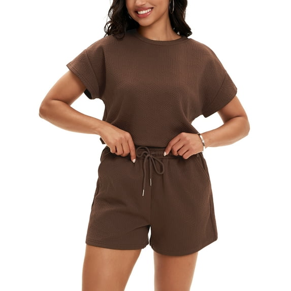 ATHLECHIC Women's Summer 2 Piece Short Sleeve Tops Shorts Pants Lounge Sets M Brown
