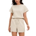 thumbnail image 1 of ATHLECHIC Women's Summer 2 Piece Short Sleeve Tops Shorts Pants Lounge Sets M Khaki, 1 of 5