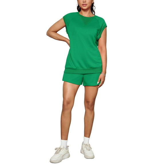 ATHLECHIC Women's Summer Cap Sleeve Crew Neck Tops Elactsic Waist Shorts Casual 2 Piece Tracksuit S Green