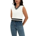thumbnail image 1 of ATHLECHIC Women's Summer Crop Knit Color Block Sleeveless V Neck Tank Tops S White Black, 1 of 5