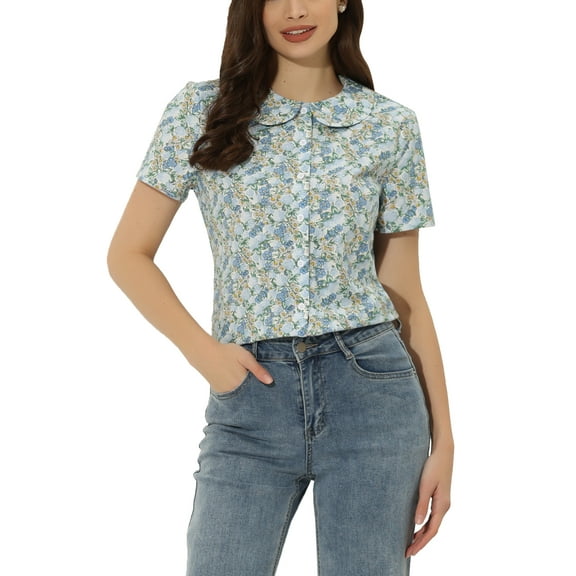 ATHLECHIC Women's Summer Peter Pan Collar Shirts Button Front Vintage Floral Blouse Top M Blue