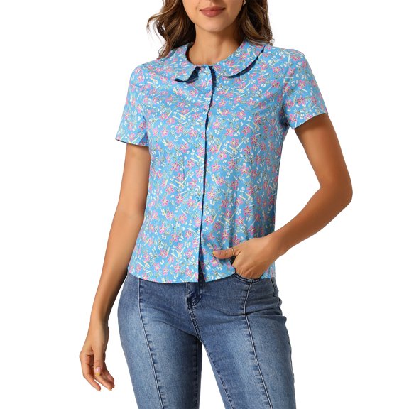 ATHLECHIC Women's Summer Peter Pan Collar Shirts Button Front Vintage Floral Blouse Top S Blue Gray