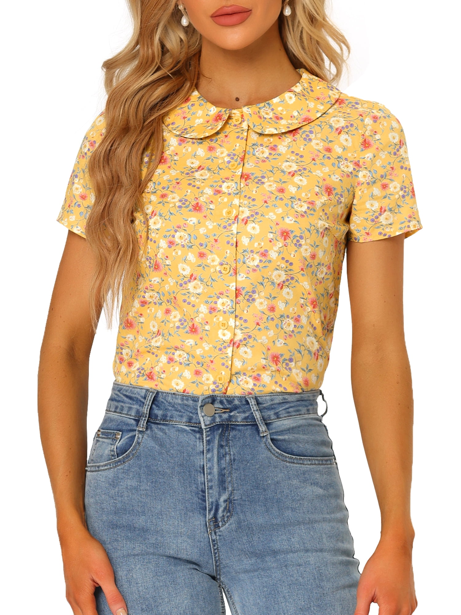 ATHLECHIC Women's Summer Peter Pan Collar Shirts Button Front Vintage ...