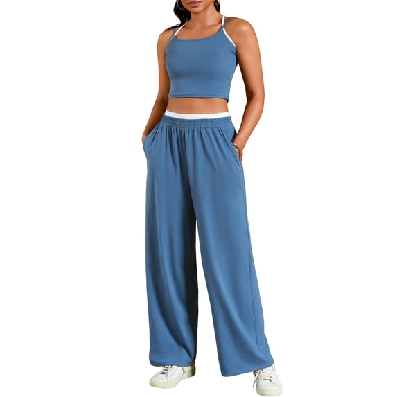 ATHLECHIC Women's Tracksuit Lounge Sets Spaghetti Strap Crop Camisole Tank Tops Straight Leg Pants M Gray Blue