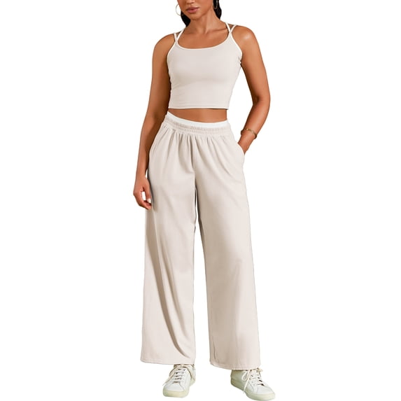 ATHLECHIC Women's Tracksuit Lounge Sets Spaghetti Strap Crop Camisole Tank Tops Straight Leg Pants S Light Khaki