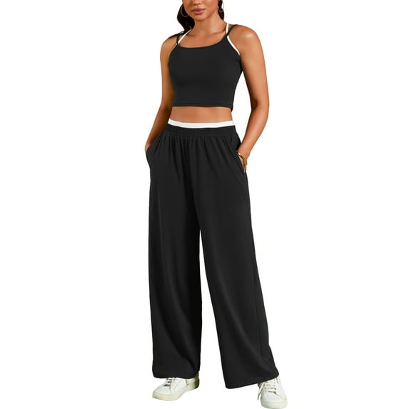 ATHLECHIC Women's Tracksuit Lounge Sets Spaghetti Strap Crop Camisole Tank Tops Straight Leg Pants XL Black