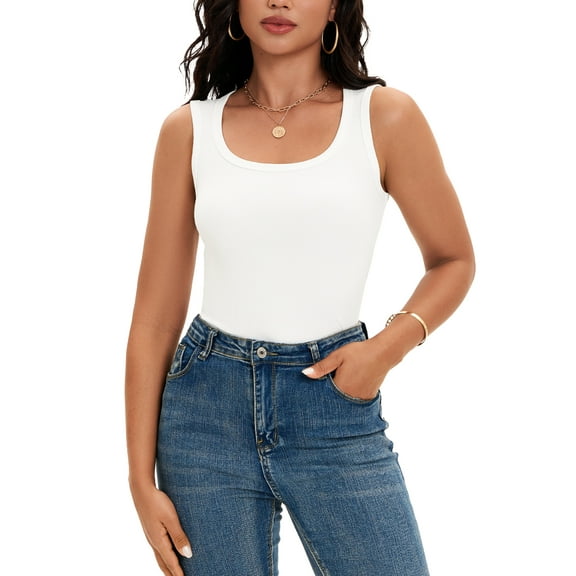 ATHLECHIC Women's Fitted Tank Top Ribbed Knit Scoop Neck Slim Fit Casual Top L White