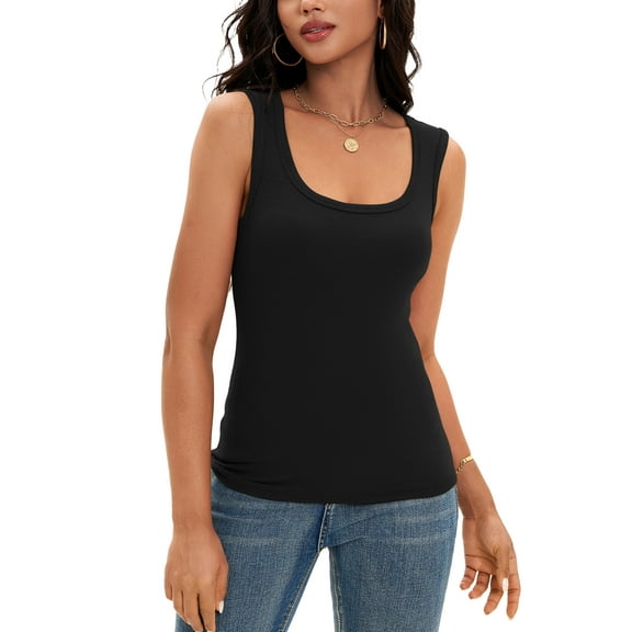 ATHLECHIC Women's Fitted Tank Top Ribbed Knit Scoop Neck Slim Fit Casual Top M Black