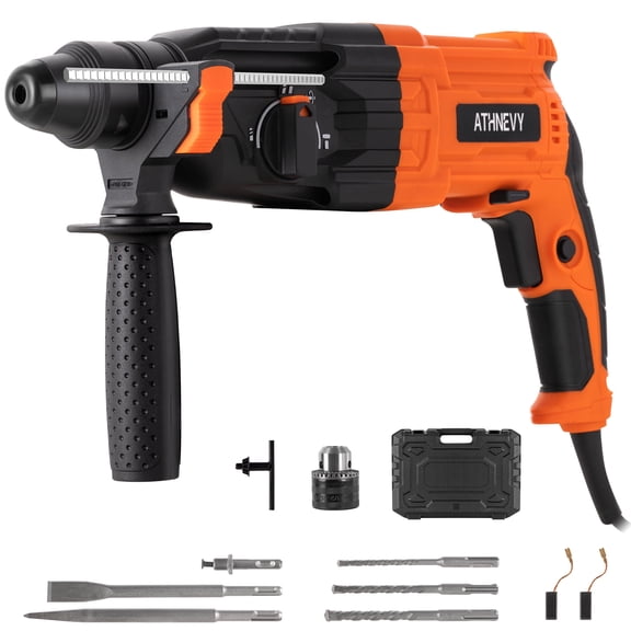 ATHNEVY 1 inch SDS-Plus Rotary Hammer Drill, 8 Amp 3.0J 4-Function Variable Speed Hammer Drill with Safety Clutch & Reverse Stop, Concrete Demolition Tool Kit with Bits, Chisels & Case