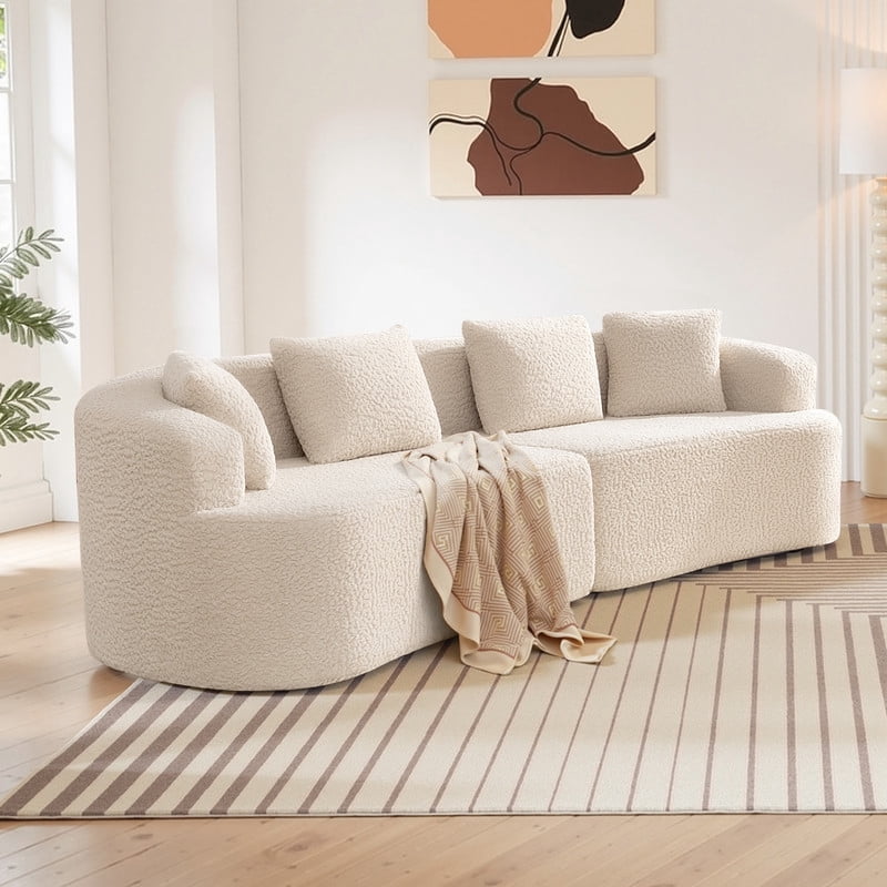 ATHOPE 112" Curved Sectional Couch with Pillows, Deep Seat Boneless Cloud Sofa for Small Space, Plush Teddy Fabric Comfy Couch for Living Room, Bedroom, No Assembly Needed, White