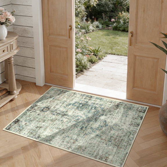 ATHOPE 2x3 Entryway Rug, Vintage Boho Medallion Rugs Non-Slip Soft Low Pile Washable Rug Large Distressed Rug Indoor Retro Carpet for Kitchen Bathroom Entrance, Moss Green