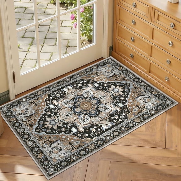 ATHOPE 2x3 Entryway Rugs for Entrance Kitchen Bathroom, Washable Rugs Soft Small Area Rug with Non-Slip Backing, Floral Vintage Distress Print Pattern Doormat, Black