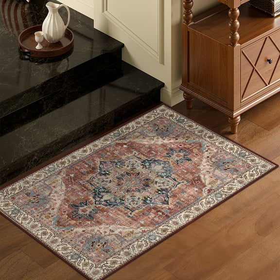 ATHOPE 2x3 Entryway Rugs for Entrance Kitchen Bathroom, Washable Soft Small Area Rug with Non-Slip Backing, Floral Vintage Distress Print Pattern Doormat, Brick Red