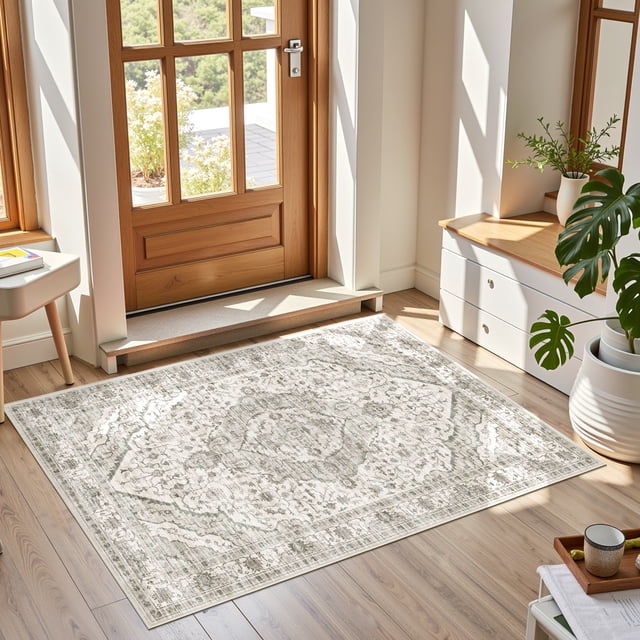 ATHOPE 2x3 Entryway Rugs for Entrance Kitchen Bathroom, Washable Soft Small Area Rug with Non-Slip Backing, Floral Vintage Distress Print Pattern Doormat, Cream