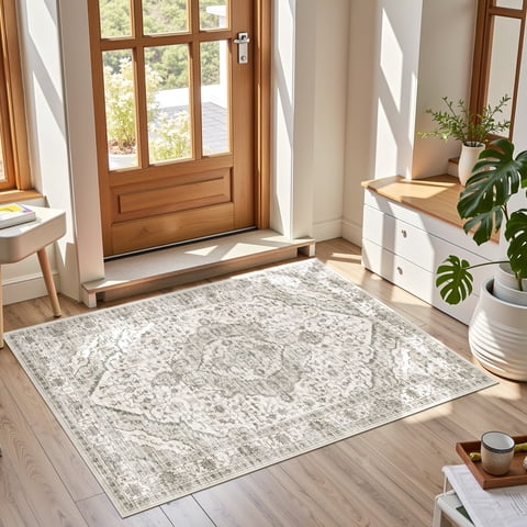 ATHOPE 2x3 Entryway Rugs for Entrance Kitchen Bathroom, Washable Soft Small Area Rug with Non-Slip Backing, Floral Vintage Distress Print Pattern Doormat, Cream