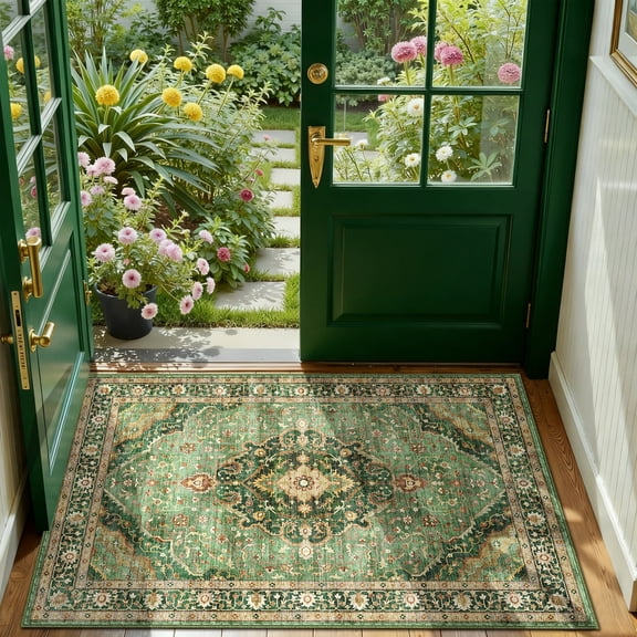ATHOPE 2x3 Entryway Rugs for Entrance Kitchen Bathroom, Washable Soft Small Area Rug with Non-Slip Backing, Floral Vintage Distress Print Pattern Doormat, Green