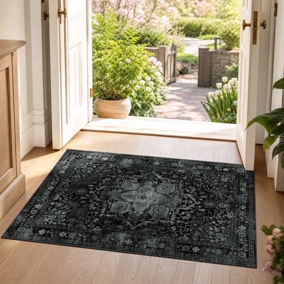 ATHOPE 2x3 Small Area Rug, Vintage Medallion Non-Slip Soft Low Pile Washable Rug Large Distressed Rug Indoor Retro Carpet for Entryway Kitchen Bathroom, Black