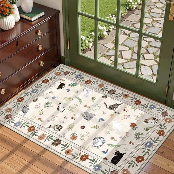 ATHOPE 2x3 Small Area Rugs for Entryway, Non Slip Low Pile Animal Cat Floral Washable Rug, Medallion Carpet for Front Door Kitchen Bathroom, Beige