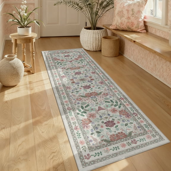 ATHOPE 2x6 Runner Rugs for Hallway Kitchen Bathroom, Floral Washable Soft Low Pile Area Rug with Non-Slip Backing, Large Vintage Distress Print Pattern Carpet, Beige Pink Floral