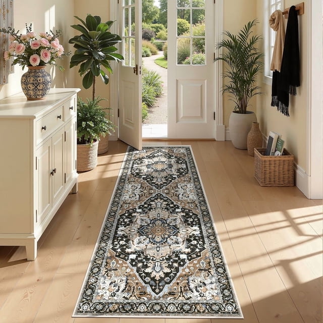 ATHOPE 2x6 Runner Rugs for Hallway Kitchen Bathroom, Washable Rugs Soft Area Rug with Non-Slip Backing, Floral Vintage Distress Print Pattern Carpet, Black