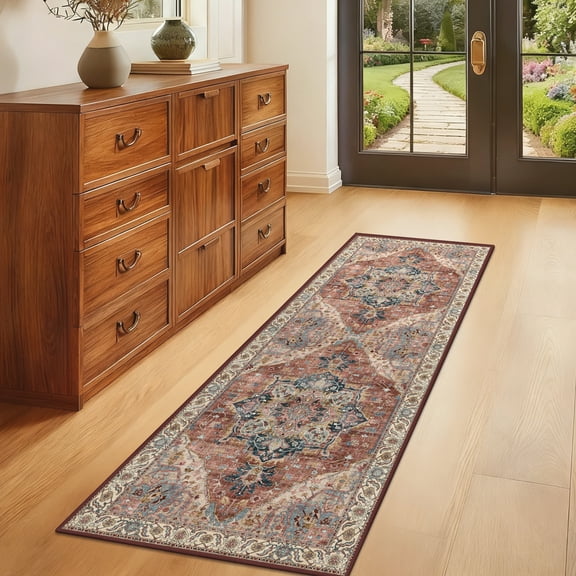 ATHOPE 2x6 Runner Rugs for Hallway Kitchen Bathroom, Washable Soft Area Rug with Non-Slip Backing, Floral Vintage Distress Print Pattern Carpet, Brick Red