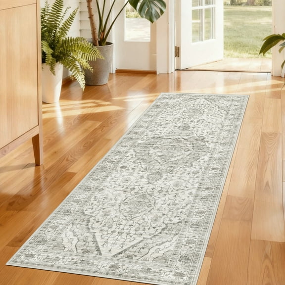 ATHOPE 2x6 Runner Rugs for Hallway Kitchen Bathroom, Washable Soft Area Rug with Non-Slip Backing, Floral Vintage Distress Print Pattern Carpet, Cream