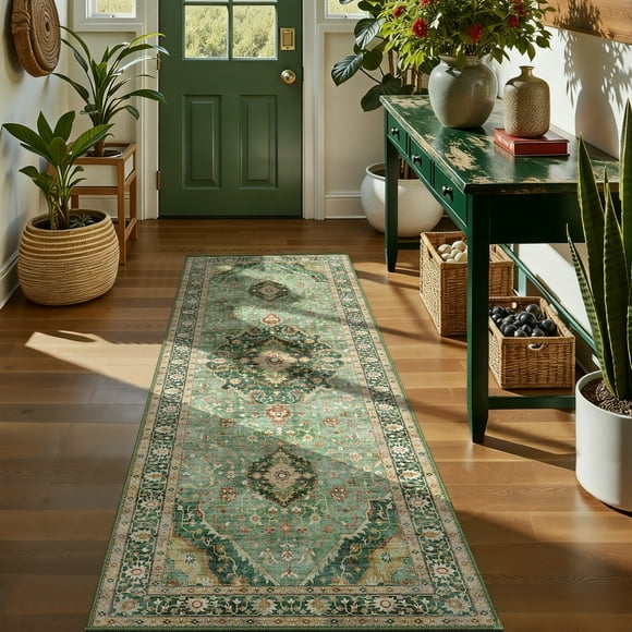 ATHOPE 2x6 Runner Rugs for Hallway Kitchen Bathroom, Washable Soft Area Rug with Non-Slip Backing, Floral Vintage Distress Print Pattern Carpet, Green
