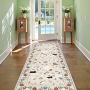 ATHOPE 2x6 Runner Rugs, Non Slip Low Pile Animal Cat Floral Washable Rug, Medallion Carpet for Hallway Kitchen Laundry Room Entryway, Beige