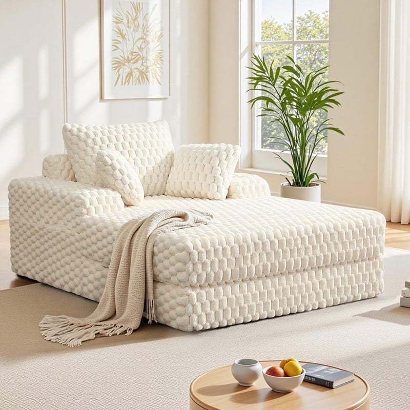 ATHOPE 67.3" Chaise Lounge Chair Indoor, Corduroy Couch Chair with Pillows, Comfy Reading Chairs with Wide Arms, Upholstered Sleeper Sofa for Living Room, No Assembly Required, Beige