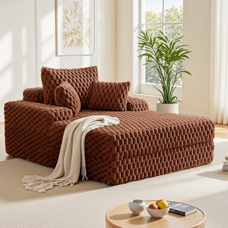 ATHOPE 67.3" Chaise Lounge Chair Indoor, Corduroy Couch Chair with Pillows, Comfy Reading Chairs with Wide Arms, Upholstered Sleeper Sofa for Living Room, No Assembly Required, Brown