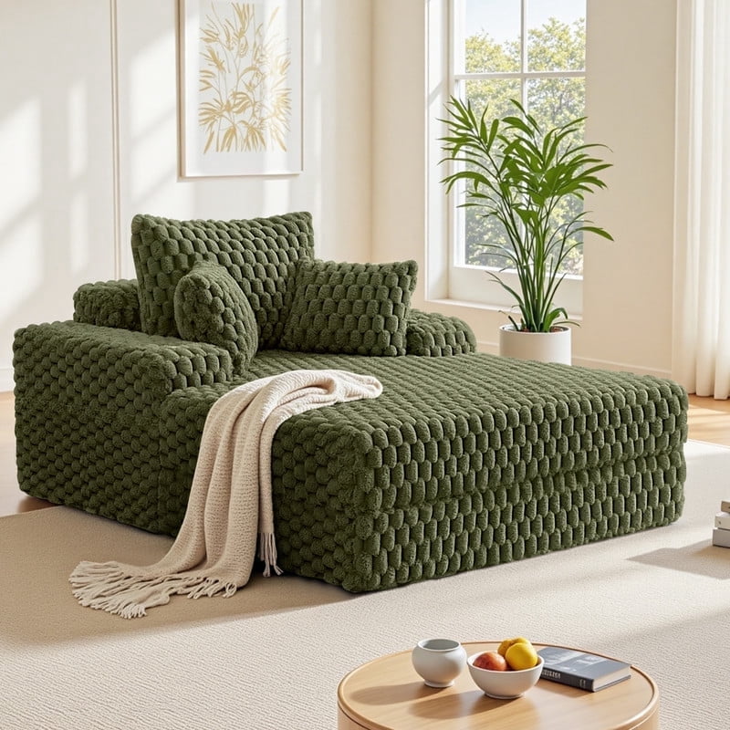 ATHOPE 67" Chaise Lounge Chair Indoor, Corduroy Couch Chair with Pillows, Comfy Reading Chairs with Wide Arms, Upholstered Sleeper Sofa for Living Room, No Assembly Required, Green