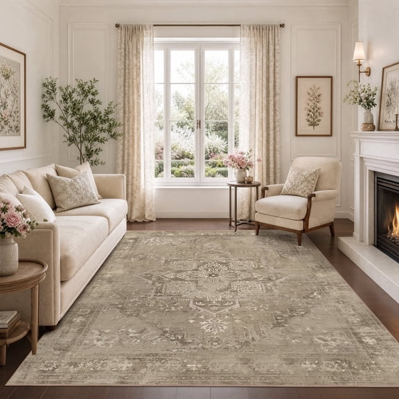 ATHOPE 5x7 Area Rug for Living Room, Vintage Medallion Non-Slip Soft Low Pile Washable Rug Large Distressed Rug Indoor Retro Carpet for Bedroom Dining Room Home Office, Beige
