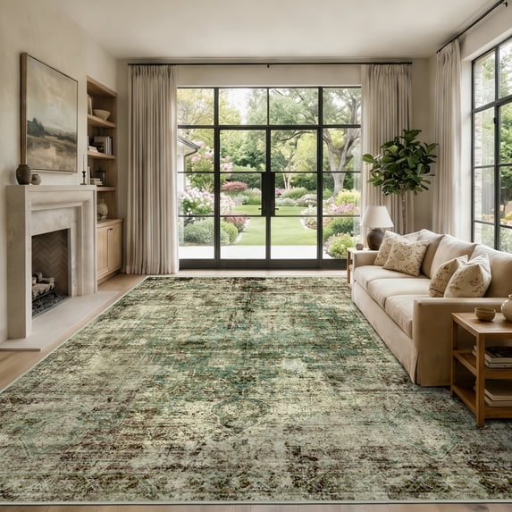 ATHOPE 5x7 Area Rug, Vintage Boho Medallion Rugs Non-Slip Soft Low Pile Washable Rug Large Distressed Rug Indoor Retro Carpet for Living Room Bedroom Dining Room Home Office, Green Brown
