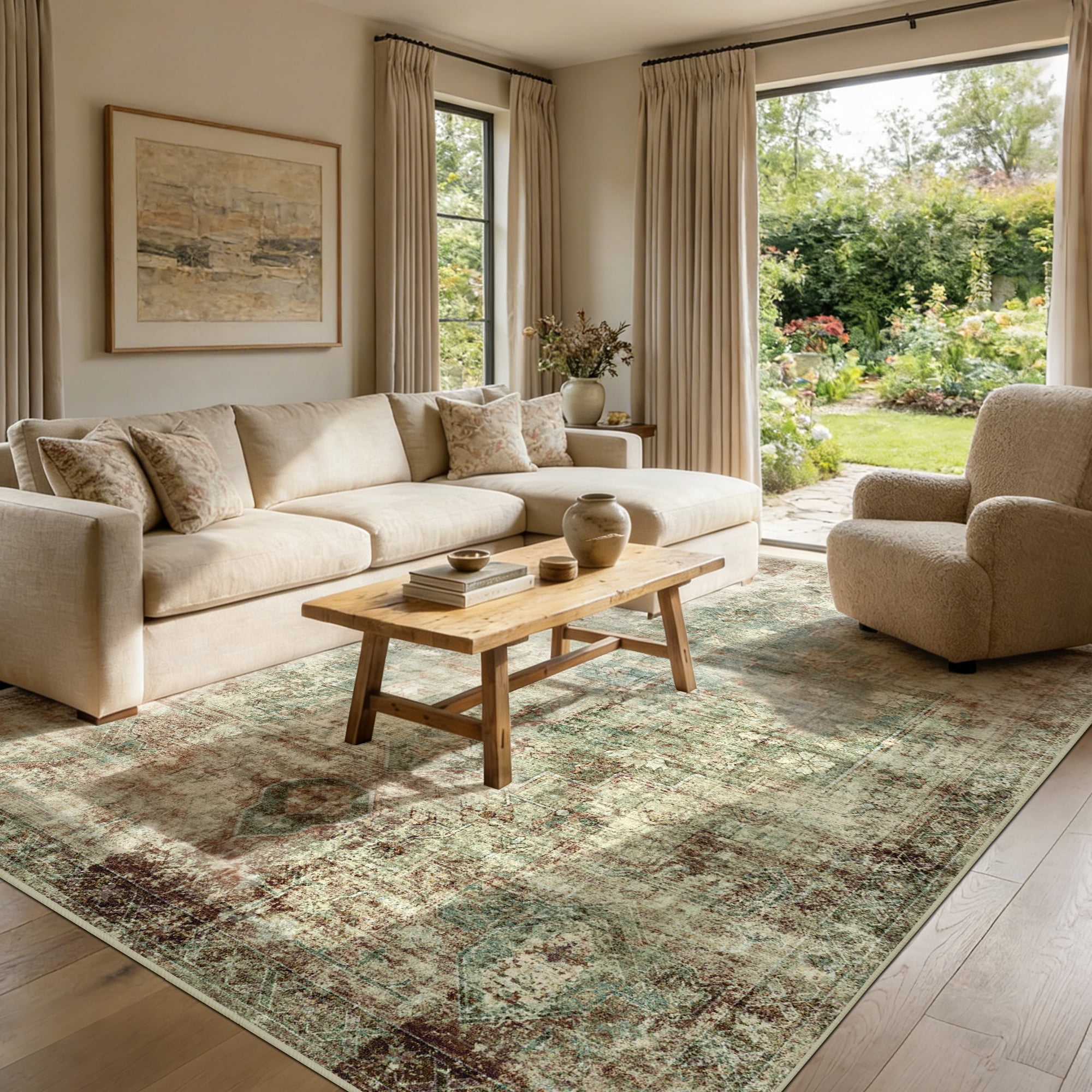 ATHOPE 5x7 Area Rug, Vintage Boho Medallion Rugs Non-Slip Soft Low Pile Washable Rug Large Distressed Rug Indoor Retro Carpet for Living Room Bedroom Dining Room Home Office, Green Brown