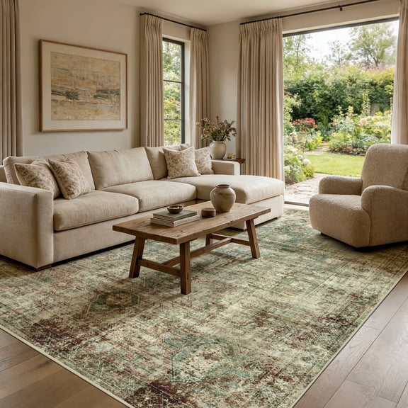 ATHOPE 5x7 Area Rug, Vintage Boho Medallion Rugs Non-Slip Soft Low Pile Washable Rug Large Distressed Rug Indoor Retro Carpet for Living Room Bedroom Dining Room Home Office, Green Brown