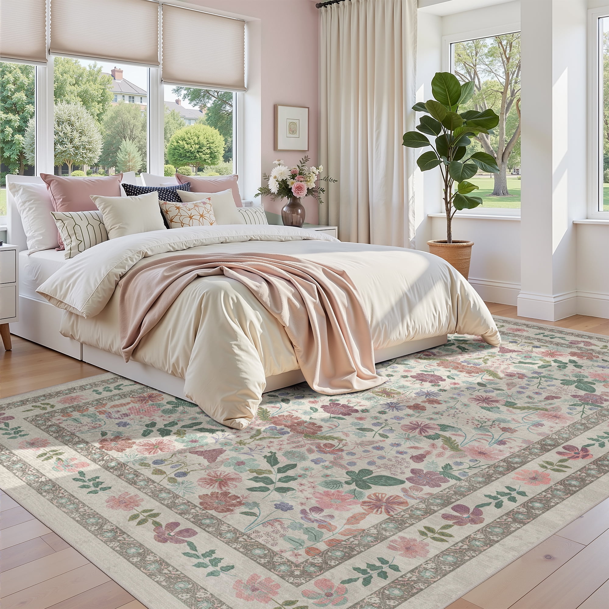 ATHOPE 5x7 Area Rugs for Living Room Bedroom, Floral Washable Soft Low Pile Rug with Non-Slip Backing, Large Vintage Distress Print Pattern Carpet, Beige Pink Floral