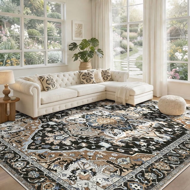 ATHOPE 5x7 Area Rugs for Living Room Bedroom, Washable Rugs with Non-Slip Backing, Large Vintage Distress Rugs Print Pattern Carpet, Black