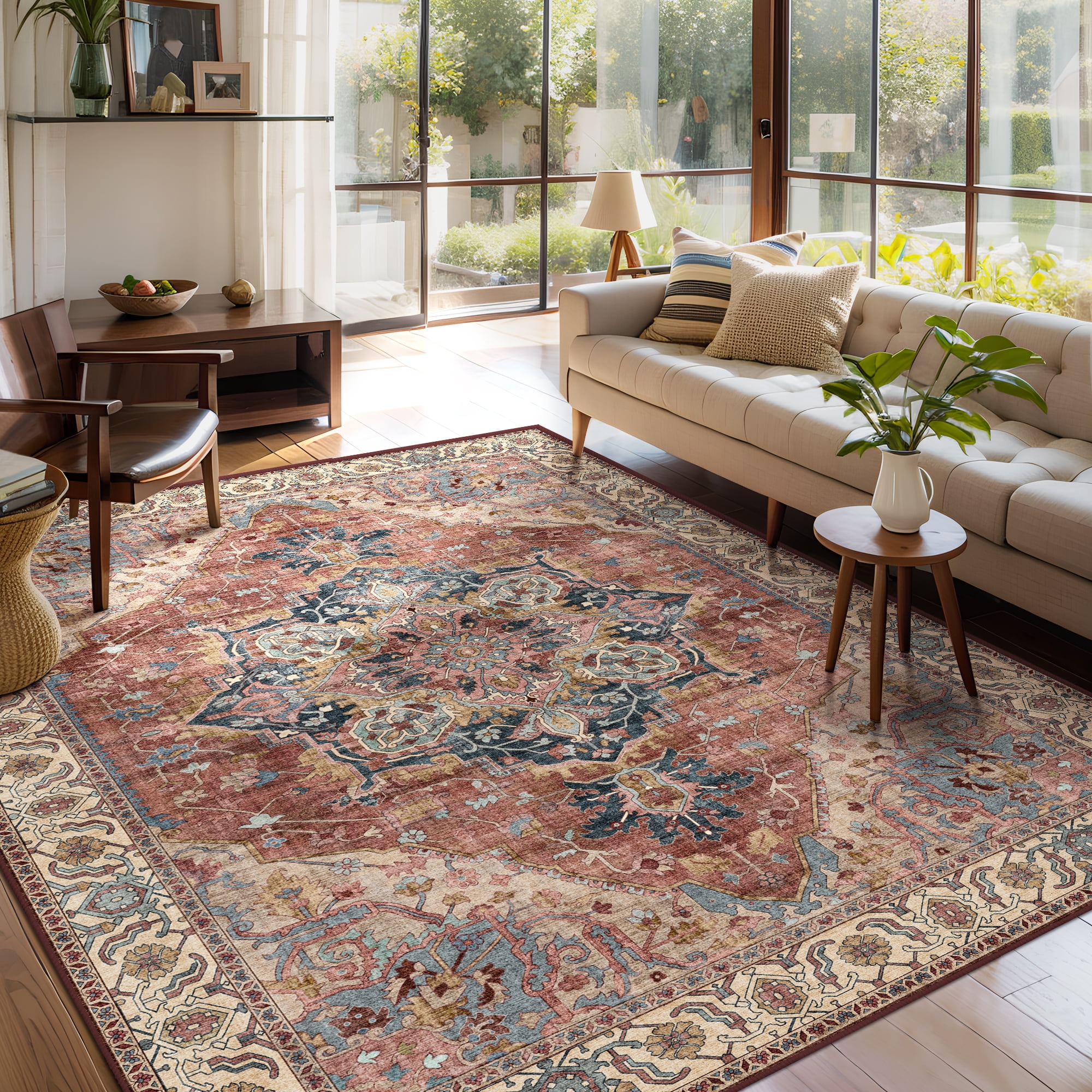 ATHOPE 5x7 Area Rugs for Living Room Bedroom, Washable Soft Rug with Non-Slip Backing, Large Floral Vintage Distress Print Pattern Carpet, Brick Red