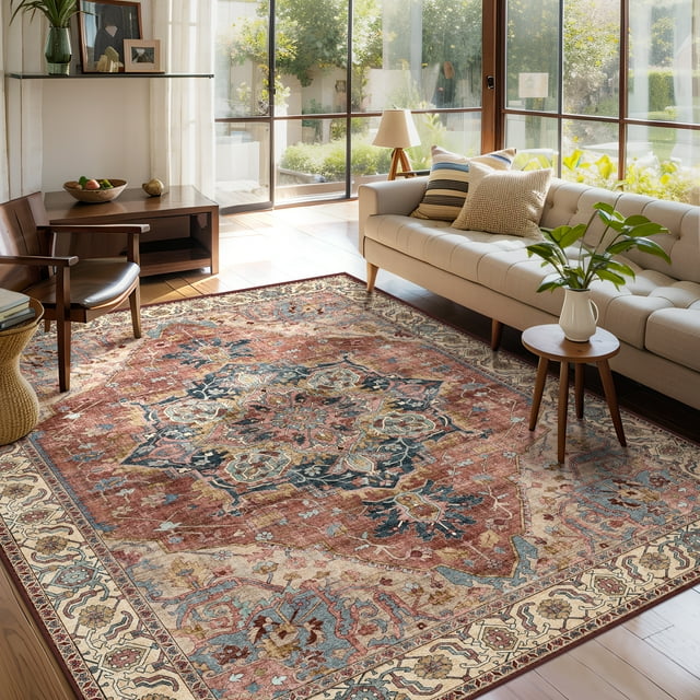 ATHOPE 5x7 Area Rugs for Living Room Bedroom, Washable Soft Rug with Non-Slip Backing, Large Floral Vintage Distress Print Pattern Carpet, Brick Red