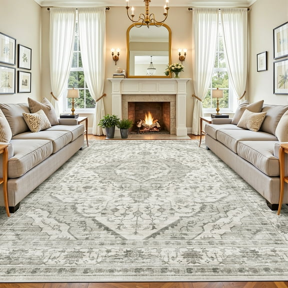 ATHOPE 5x7 Area Rugs for Living Room Bedroom, Washable Soft Rug with Non-Slip Backing, Large Floral Vintage Distress Print Pattern Carpet, Cream