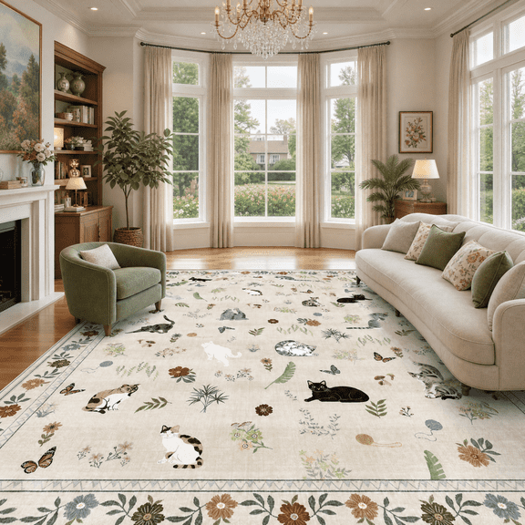 ATHOPE 5x7 Area Rugs for Living Room, Non Slip Low Pile Animal Cat Floral Washable Rug, Indoor Carpet for Bedroom Dining Room, Beige