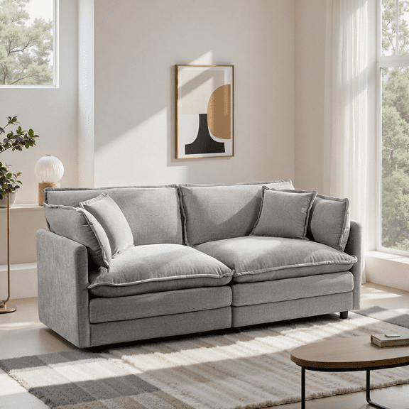ATHOPE 63.8" Modular Sectional Sofa, L Shaped Cloud Couch with Movable Ottoman, Comfy Chenille Deep Seat Sofa with Throw Pillows, 2 Seat Modern Couches for Living Room Bedroom Apartment, Beige