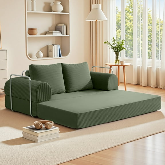 ATHOPE 63" Folding Convertible Sofa Bed, Oversized Corduroy Upholstered Boneless Couch, Loveseat Sleeper with Pull Out Bed, Floor Sofa Modular Futon Couch for Living Room Bedroom, Oliver Green