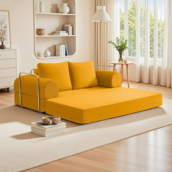 ATHOPE 63" Folding Convertible Sofa Bed, Oversized Corduroy Upholstered Boneless Couch, Loveseat Sleeper with Pull Out Bed, Floor Sofa Modular Futon Couch for Living Room Bedroom Lounge, Ginger