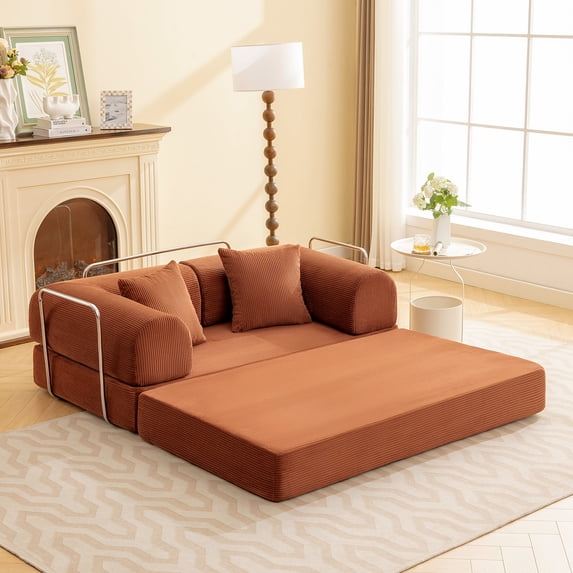 ATHOPE 63" Folding Convertible Sofa Bed, Oversized Corduroy Upholstered Boneless Couch, Loveseat Sleeper with Pull Out Bed, Floor Sofa Modular Futon Couch for Living Room Bedroom Lounge, Brown