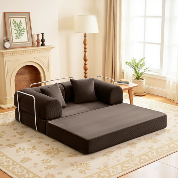 ATHOPE 63" Folding Convertible Sofa Bed, Oversized Corduroy Upholstered Boneless Couch, Loveseat Sleeper with Pull Out Bed, Floor Sofa Modular Futon Couch for Living Room Bedroom Lounge, Coffee