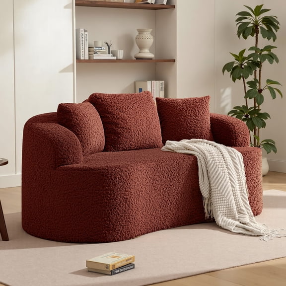 ATHOPE 65" Loveseat Sofa for Living Room, Modern Luxury Plush Teddy Fabric Deep Seat Curved Cloud Floor Couch with 3 Throw Pillows for Small Spaces, No Assembly Needed, Red
