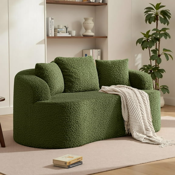 ATHOPE 65" Loveseat Sofa for Living Room, Modern Luxury Plush Teddy Fabric Deep Seat Curved Cloud Floor Couch with 3 Throw Pillows for Small Spaces, No Assembly Needed, Green