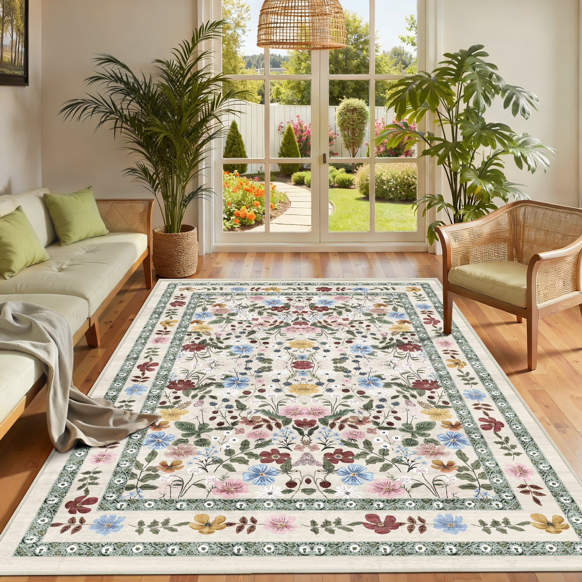 ATHOPE 6x9 Area Rugs for Living Room Bedroom, Floral Washable Soft Low Pile Rug with Non-Slip Backing, Large Vintage Distress Print Pattern Carpet, Beige Green Floral